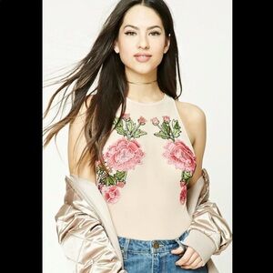 NWT Forever 21 Plus Floral Appliqué Nude Mesh Long Sleeve Bodysuit Size 3X
